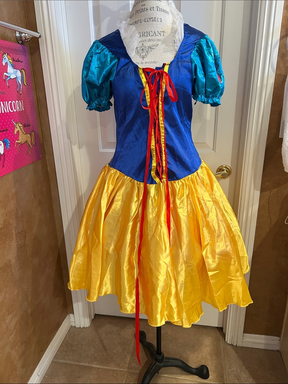 Disney Blue Teal and Yellow Princess Superhero Costume with Red Ribbon